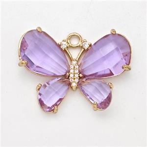 Purple Crystal Glass Copper Butterfly Pendant Pave Zirconia Gold Plated, approx 21-30mm