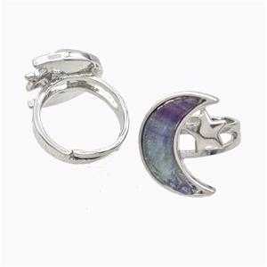 Copper Moon Rings Pave Fluorite Adjustable Platinum Plated, approx 18-22mm, 18mm dia