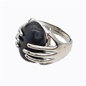 Copper Hand Rings Pave Black Obsidian Platinum Plated, approx 13-18mm, 18mm dia