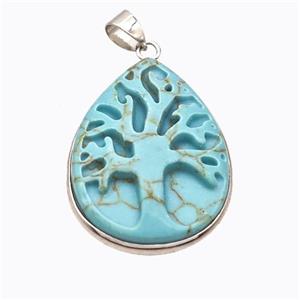 Blue Dye Howlite Turquoise Tree Pendant Carved, approx 24-32mm