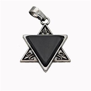 Alloy David Star Pendant Pave Black Obsidian Antique Silver, approx 25mm