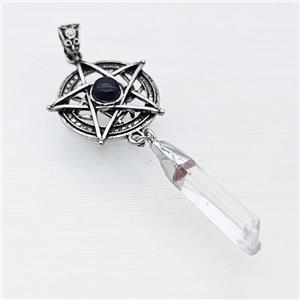 Alloy Star Pendant Pave Black Obsidian With Crystal Quartz Stick Antique Silver, approx 8-38mm, 30mm