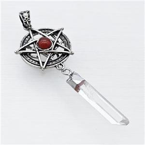 Alloy Star Pendant Pave Red Agate With Crystal Quartz Stick Antique Silver, approx 8-38mm, 30mm