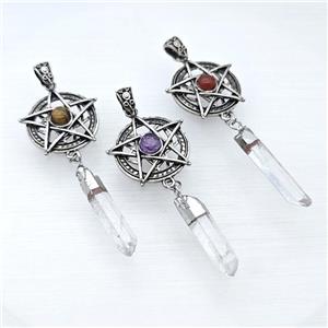 Alloy Star Pendant Pave Gemstone With Crystal Quartz Stick Antique Silver Mixed, approx 8-38mm, 30mm