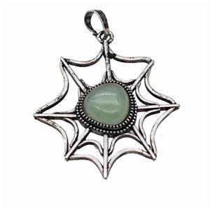 Alloy Spiderweb Pendant Pave Green Aventurine Antique Silver, approx 12mm, 40-45mm