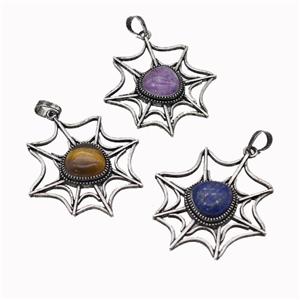 Alloy Cobweb Pendant Pave Gemstone Halloween Spiderweb Antique Silver Mixed, approx 12mm, 40-45mm