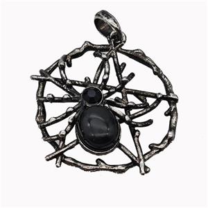 Alloy Spider Pendant Pave Black Obsidian Antique Silver, approx 35-40mm