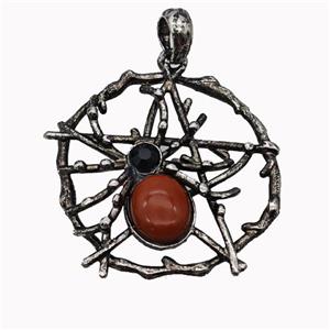 Alloy Spider Pendant Pave Red Jasper Antique Silver, approx 35-40mm