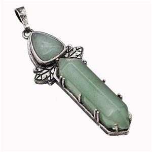 Natural Green Aventurine Prism Pendant Alloy Leaf Antique Silver, approx 8-33mm, 48mm