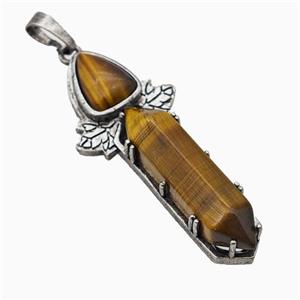 Natural Tiger Eye Stone Prism Pendant Alloy Leaf Antique Silver, approx 8-33mm, 48mm