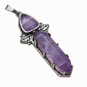 Natural Purple Amethyst Prism Pendant Alloy Leaf Antique Silver, approx 8-33mm, 48mm