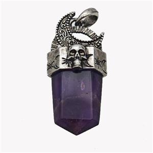 Natural Purple Amethyst Prism Pendant Alloy Moon Skull Antique Silver, approx 18-45mm