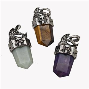 Natural Gemstone Prism Pendant Alloy Moon Skull Antique Silver Mixed, approx 18-45mm