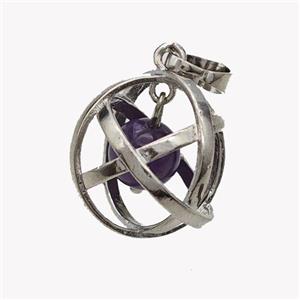 Alloy Sphere Pendant With Purple Amethyst Platinum Plated, approx 18mm