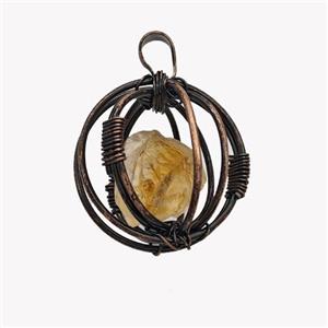 Copper Sphere Pendant With Citrine Nugget Wire Wrapped Antique Red, approx 30mm