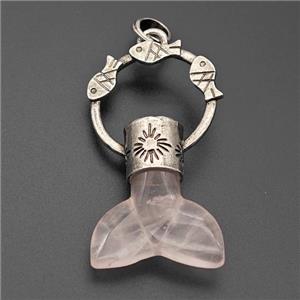 Natural Pink Rose Quartz Mermaid-tail Pendant Alloy Fish Antique Silver, approx 27-50mm