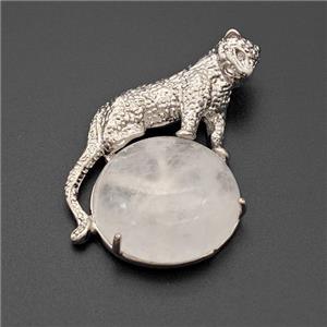 Alloy Leopard Pendant Pave Clear Quartz Platinum Plated, approx 22mm, 27-40mm