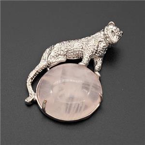 Alloy Leopard Pendant Pave Rose Quartz Platinum Plated, approx 22mm, 27-40mm