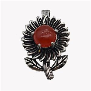 Alloy Sunflower Pendant Pave Red Agate Antique Silver, approx 10mm, 20-35mm