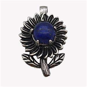 Alloy Sunflower Pendant Pave Blue Lapis Antique Silver, approx 10mm, 20-35mm