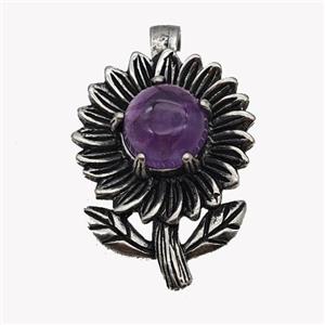 Alloy Sunflower Pendant Pave Purple Amethyst Antique Silver, approx 10mm, 20-35mm