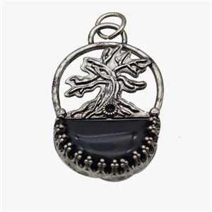 Alloy Tree Pendant Pave Black Obsidian Moon Antique Silver, approx 26-35mm