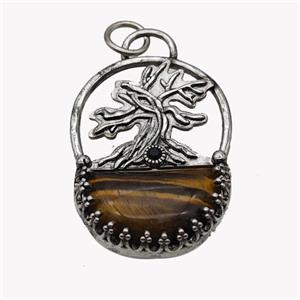 Alloy Tree Pendant Pave Tiger Eye Stone Moon Antique Silver, approx 26-35mm