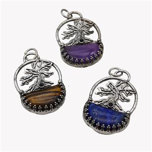 Alloy Tree Pendant Pave Gemstone Moon Antique Silver Mixed, approx 26-35mm