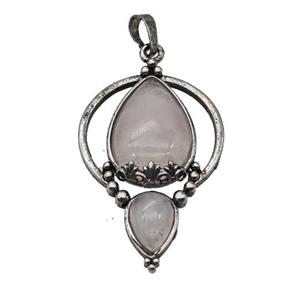 Alloy Teardrop Pendant Pave Rose Quartz Antique Silver, approx 30-45mm