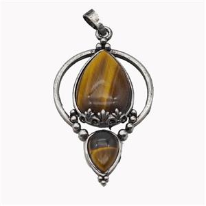 Alloy Teardrop Pendant Pave Tiger Eye Stone Antique Silver, approx 30-45mm