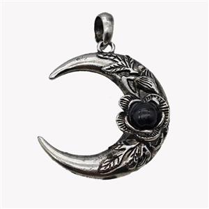 Alloy Moon Pendant Pave Black Obsidian Antique Silver, approx 35-40mm