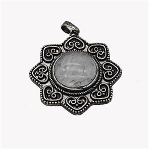 Alloy Flower Pendant Pave Clear Quartz Antique Silver, approx 18mm, 40mm