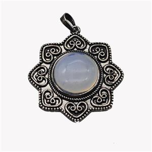 Alloy Flower Pendant Pave Opalite Antique Silver, approx 18mm, 40mm