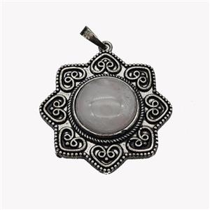 Alloy Flower Pendant Pave Rose Quartz Antique Silver, approx 18mm, 40mm