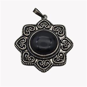 Alloy Flower Pendant Pave Black Obsidian Antique Silver, approx 18mm, 40mm