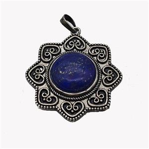 Alloy Flower Pendant Pave Blue Lapis Antique Silver, approx 18mm, 40mm