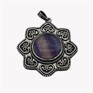 Alloy Flower Pendant Pave Fluorite Antique Silver, approx 18mm, 40mm