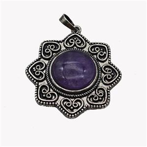 Alloy Flower Pendant Pave Purple Amethyst Antique Silver, approx 18mm, 40mm