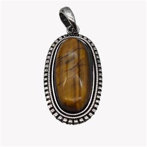 Alloy Oval Pendant Pave Tiger Eye Stone Antique Silver, approx 13-30mm, 25-35mm