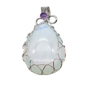 White Opalite Teardrop Pendant Copper Wire Wrapped Platinum Plated, approx 25-35mm