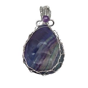 Natural Multicolor Fluorite Teardrop Pendant Copper Wire Wrapped Platinum Plated, approx 25-35mm