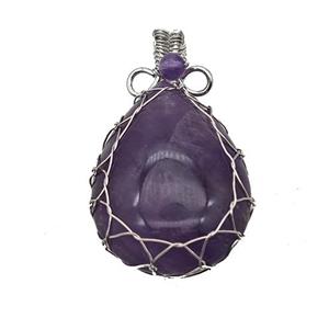 Natural Purple Amethyst Teardrop Pendant Copper Wire Wrapped Platinum Plated, approx 25-35mm