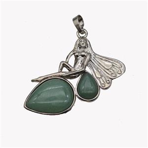 Alloy Fairy Pendant Pave Green Aventurine Platinum Plated, approx 35-40mm