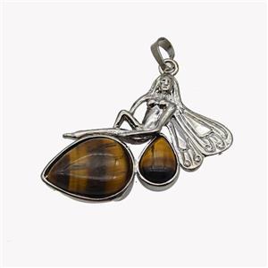 Alloy Fairy Pendant Pave Tiger Eye Stone Platinum Plated, approx 35-40mm