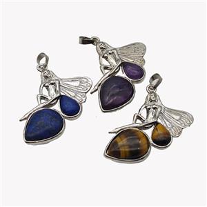 Alloy Fairy Pendant Pave Gemstone Platinum Plated Mixed, approx 35-40mm