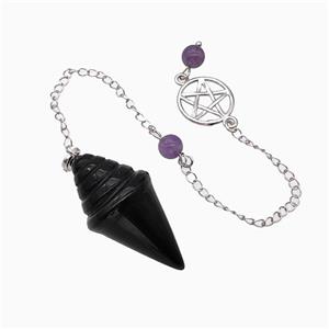 Black Obsidian Pendulum Pendant With Chain, approx 20-35mm, 16mm, 16cm length