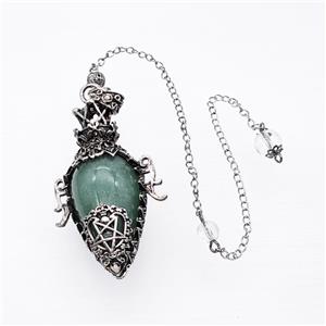 Green Aventurine Alloy Pendulum Pendant With Chain Antique Silver, approx 33-60mm, 8mm, 20cm length