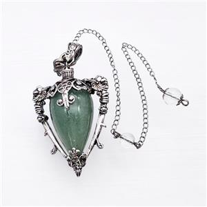 Green Aventurine Alloy Pendulum Pendant With Chain Antique Silver, approx 35-50mm, 8mm, 20cm length