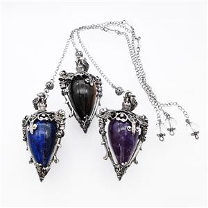 Gemstone Alloy Pendulum Pendant With Chain Antique Silver Mixed, approx 35-50mm, 8mm, 20cm length