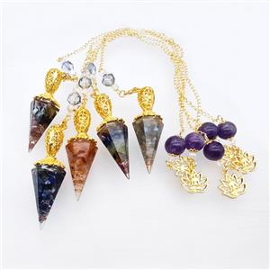 Gemstone Chips Resin Pendulum Pendant With Chain Lotus Gold Plated Mixed, approx 18-55mm, 14-18mm, 12mm, 20cm length